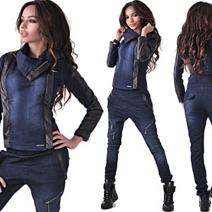 Diablo Denim Set/ Jeansjacke und Jeans Set/ Zweiteiler-Denim-Outfit/ Denim-Lederanzug/ Designer-Jeansjacke und Jeans von Addict Boutique