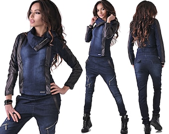 Diablo Denim Set/ Denim Jacket and Jeans Set/ Two Piece Denim Outfit/ Denim leather Suit/ Designer Denim Jacket and Pants by Addict Boutique