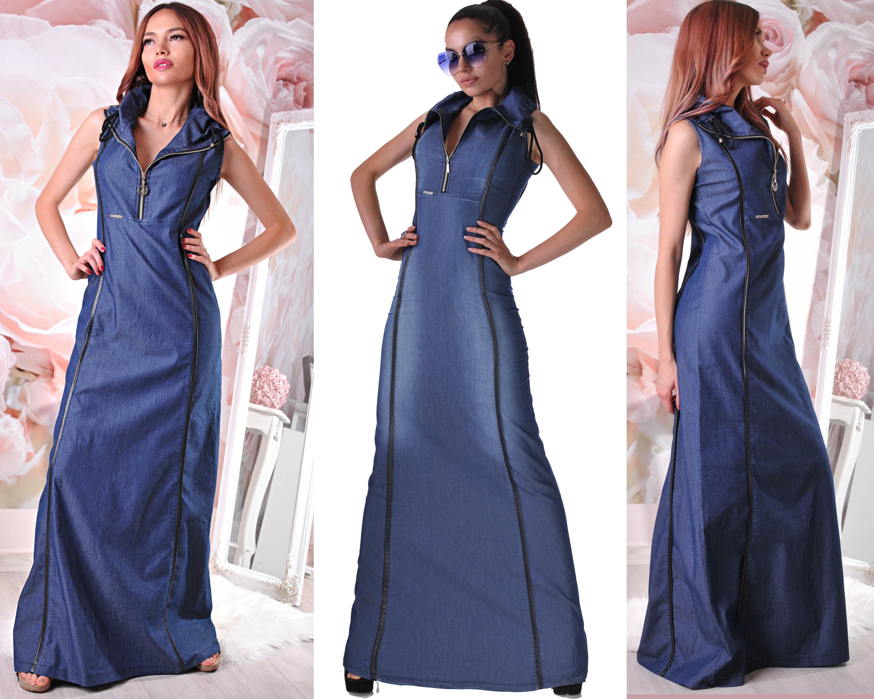 S 4XL Long Denim Dress Sleeveless Long Jeans Dress Summer Denim Dress Blue Jeans Dress With Leather Detail Women Denim V Neck Dress Etsy