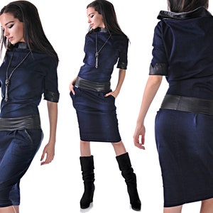 S-4XL/Maxi-Denim-Kleid mit Öko-Leder/Midi/Oversize Plus Kleid/Jeans Kleid/Boho/Lockeres Kleid/Designer Bequemes Kleid/Weites Kleid/Dunkel
