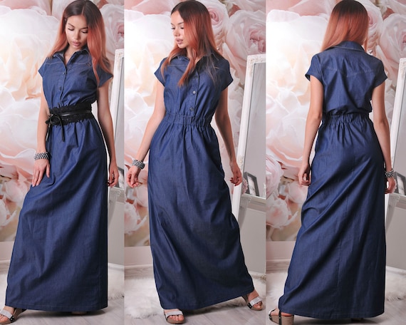 S 2XL / Long Denim Dress/ Sleeveless 