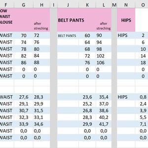K&ouml;nnte beinhalten: Eine Tabelle mit Bekleidungsmessungen, einschlie&szlig;lich Brustumfang, Taille, Bundweite und H&uuml;fte. Die Ma&szlig;e sind in Zentimetern und Zoll angegeben, mit Spalten f&uuml;r Ma&szlig;e nach dem Dehnen.