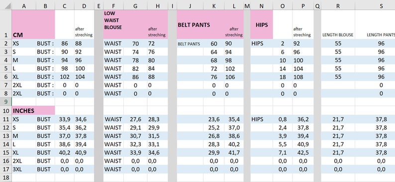 K&ouml;nnte beinhalten: Eine Tabelle mit Bekleidungsmessungen, einschlie&szlig;lich Brustumfang, Taille, Bundweite und H&uuml;fte. Die Ma&szlig;e sind in Zentimetern und Zoll angegeben, mit Spalten f&uuml;r Ma&szlig;e nach dem Dehnen.