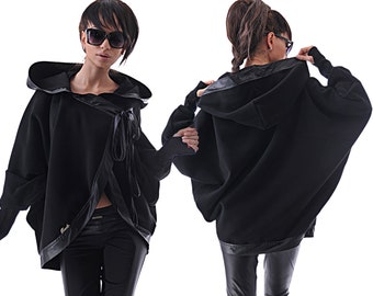 Poncho Coat- Black Cashmere Coat/ Hooded Poncho Coat/ Cashmere Hooded Overcoat/ Hooded Cloak/ Wraparound Coat  by Addict Boutique/ One Size