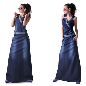 S - 4XL / Long Denim Elegant Dress Up To 2XL Spring Summer Low Waist Two Shades of Denim Dress Cocktail/Party/Evening by Addict Boutique