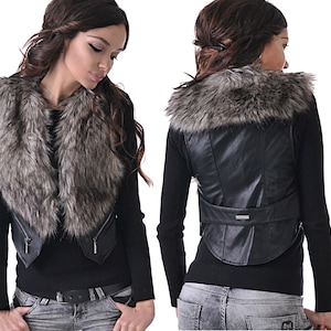 Veste en cuir écologique Vox/Gilet en cuir/Gilet pour femme/Blouson motard sans manches/Blouson sans manches en similicuir/Blouson sans manches avec col en fausse fourrure