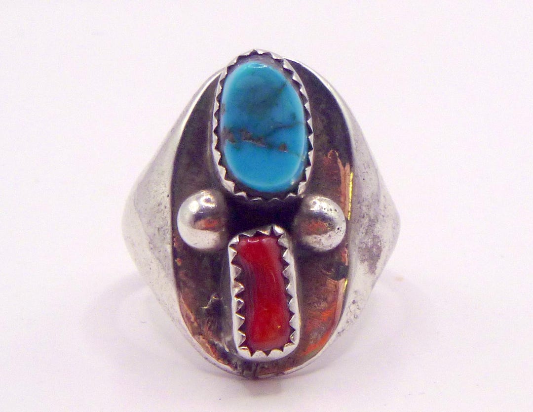 Vintage Navajo Sterling Silver Turquoise and Coral Ring - Etsy