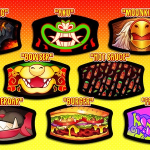Könnte beinhalten: Sammlung von Gesichtsmasken mit verschiedenen Cartoon-Designs, darunter ein Drache, ein Monster, ein Burger und scharfe Soße. Jede Maske hat einen schwarzen Rand und eine einzigartige Grafik. Der Text "LYCH GATE" steht unten.