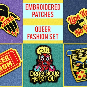 May include: Set of six embroidered iron-on patches with a queer theme. The patches feature a lipstick with the text "Lips Know No Gender", a makeup palette with the text "Break Up Makeup Roles", a ticket with the text "Queer Prom", a cartoon drag queen with the text "Drag Your Heart Out", and two black hands with the text "Nerf Terfs".