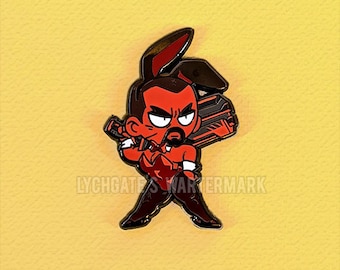 May include: Red and black enamel pin of a cartoon character wearing a bunny costume and holding a gun. The character has a serious expression and a mustache.