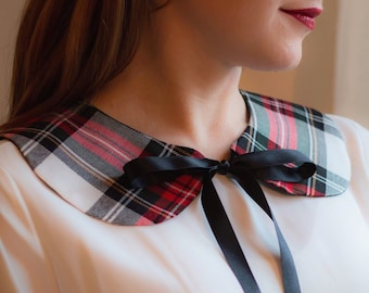 Tartan handmade detachable peter pan collar, with a black satin ribbon front tie