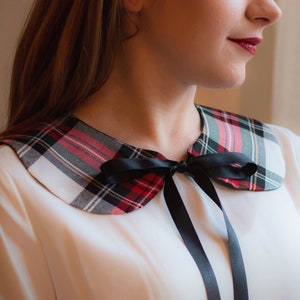 Tartan handmade detachable peter pan collar, with a black satin ribbon front tie