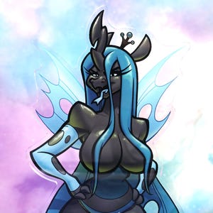 May include: A digital illustration of a dark-skinned, insectoid creature with long, flowing blue hair, a prominent horn, and translucent blue wings. The character has sharp facial features, a small tongue protruding from its mouth, and a crown.