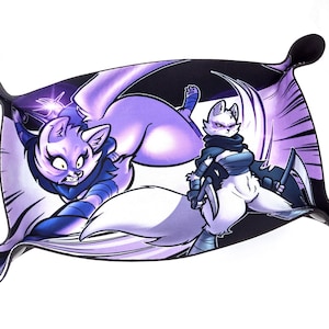 May include: A purple and white dice tray with a comic book style design featuring two cartoon foxes in a dynamic pose. The foxes are wearing blue and black clothing and have white fur.