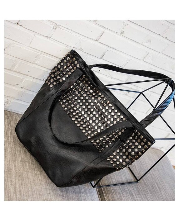 Rivet Black Leather Tote Hobo Celebrity Style Handbag… Gem