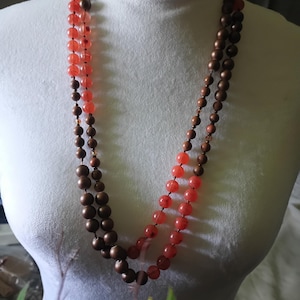 Vintage Carnelian Gemstone and Brown Long Beaded Necklace 56 Inches