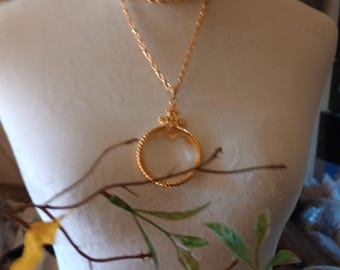 Collier pendentif loupe vintage avec chaîne dorée, 32 pouces