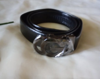 G Embossed Black Buckle Black Leather Vintage Belt Waist 40-42 48/1200