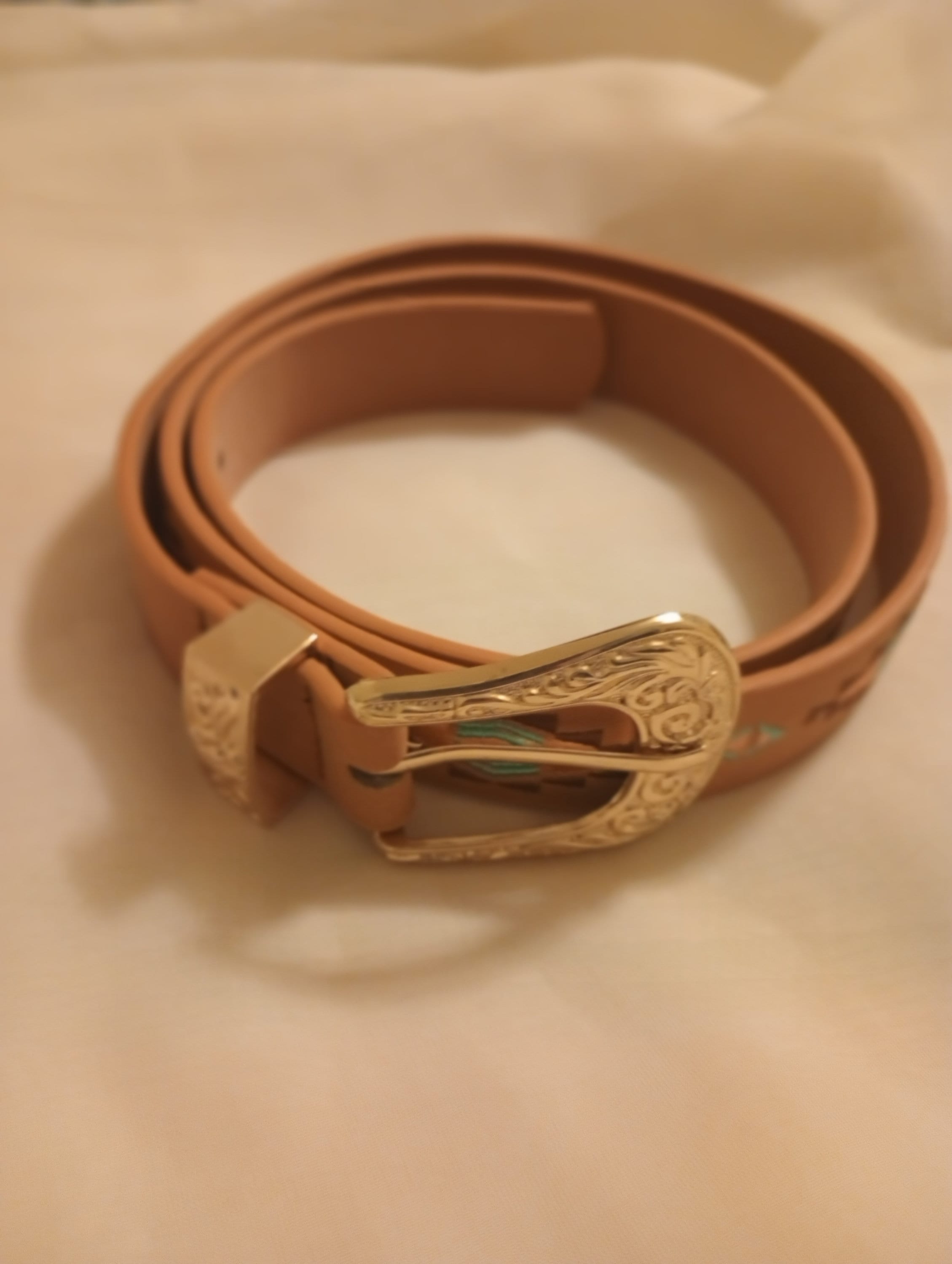 Boho Gold Buckle Brown Leather Belt With Embroidery. Size 31 