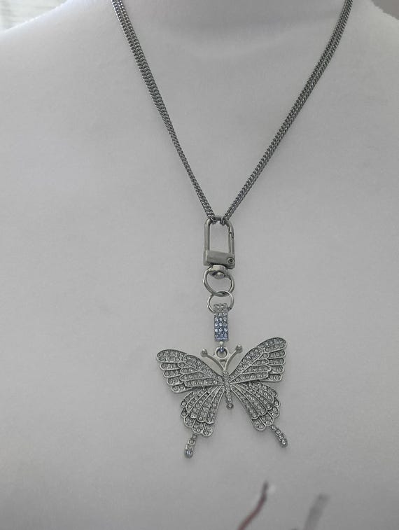 Vintage Silvertone Rhinestone Butterfly Keychain