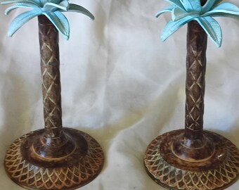 Tommy Bahama Vintage Coastal Metal Palm Tree Candle Holder 2 Pieces