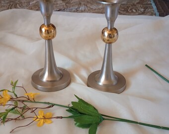 Pair of Pewter Vintage Candlesticks with Gold Balls 7,"