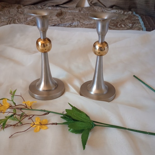 Pair of Pewter Vintage Candlesticks with Gold Balls 7,"