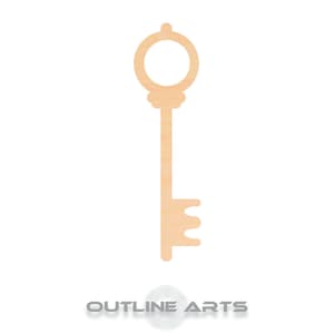 May include: A wooden key cutout with a round head and a decorative keyhole. The key is made of unfinished wood and is ready to be painted or stained.