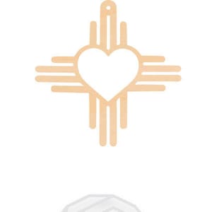 May include: A wooden cutout of the Zia symbol with a heart in the center. The symbol is a traditional design from the Pueblo people of New Mexico. The cutout is painted in a light brown color. The text "OUTLINE ARTS" is below the symbol.