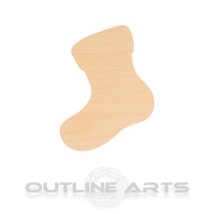 May include: A wooden stocking cutout, perfect for crafting and decorating. The stocking is a light brown color and has a simple, classic design.