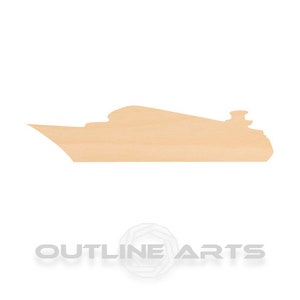 May include: A wooden cutout of a cruise ship. The ship is a simple silhouette with a rounded top and a flat bottom. The cutout is made of light brown wood.