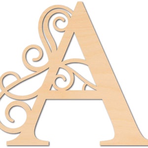 May include: A wooden cutout of the letter A with decorative swirls and flourishes. The letter is made of unfinished wood and is ready to be painted or stained.