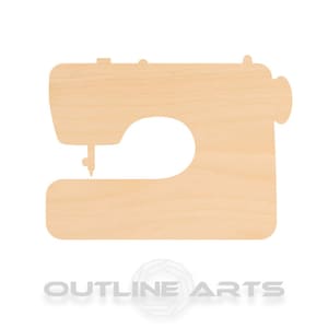 May include: A wooden cutout of a sewing machine. The cutout is a simple silhouette of a sewing machine with a needle and a foot pedal.