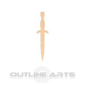 May include: A wooden cutout of a dagger with a pointed tip and a rounded handle.
