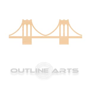May include: A light brown wooden bridge cutout with two towers and arched suspension cables. The bridge is a simple, stylized design. The text "OUTLINE ARTS" is below the bridge.