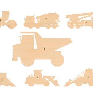 May include: Seven wooden silhouette cutouts of construction vehicles, including a road roller, cement mixer, crane, dump truck, bulldozer, excavator, and a front loader. Each cutout is numbered 1 through 7.