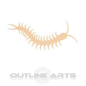 May include: A wooden cutout of a centipede in a light brown color. The centipede is curled in a C shape with its legs extending out.