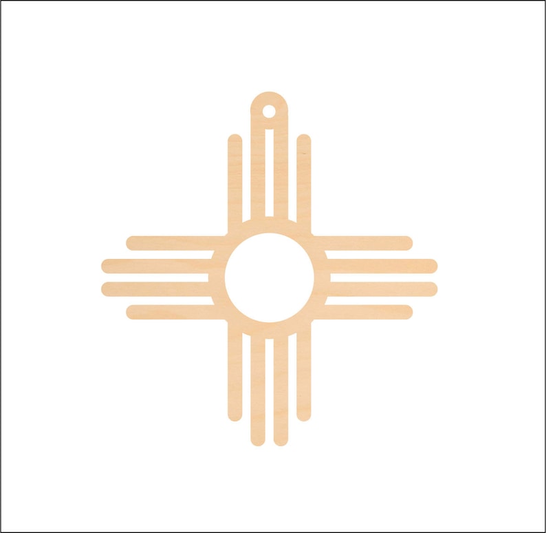 May include: A wooden cutout of the Zia symbol, a traditional symbol of the Pueblo people of New Mexico. The symbol is a stylized sun with four rays, each representing a cardinal direction.
