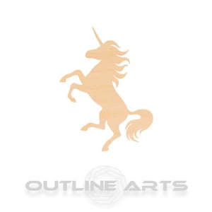 May include: A wooden cutout of a unicorn standing on its hind legs with its head turned to the side. The unicorn has a long horn and a flowing mane and tail.