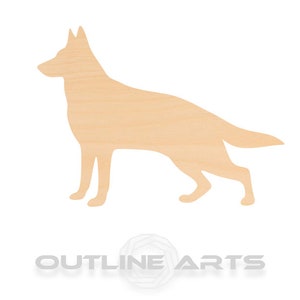 May include: A wooden cutout of a German Shepherd dog silhouette. The cutout is light brown and has a simple design.
