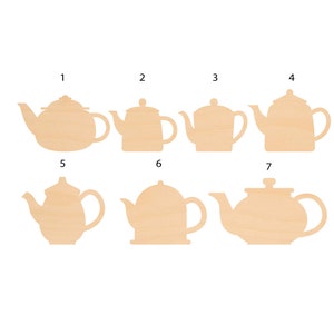 May include: Seven different wooden teapots in various shapes and sizes. The teapots are numbered 1 through 7.