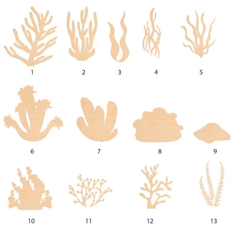 May include: Thirteen different wooden cutout shapes of various seaweeds and coral. The shapes are all in a light brown color and are arranged in three rows of four, with one shape in the bottom right corner.