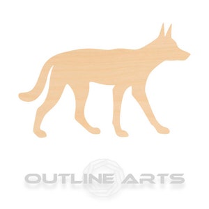 May include: A wooden cutout of a coyote, a type of wild dog, in a standing position. The cutout is light brown and has a simple silhouette design.