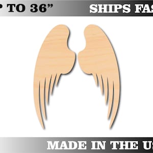 May include: A pair of wooden angel wings, up to 36 inches in size. The wings are made of unfinished wood and have a natural wood grain.