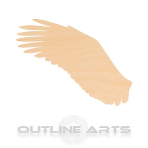 May include: A wooden cutout of a single wing, in a light brown color. The wing is shaped like a bird's wing, with feathers extending from the top to the bottom.