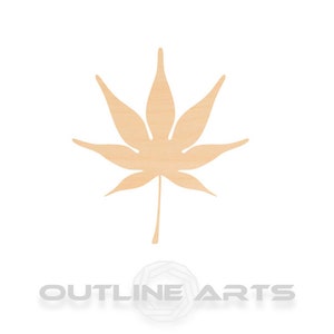May include: A laser-cut wooden maple leaf with a light brown color. The leaf is detailed with veins and a stem.