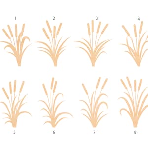 May include: Eight illustrations of brown cattail plants with varying numbers of stalks. The illustrations are numbered 1 through 8.