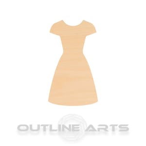 May include: A wooden dress cutout in a light tan color. The dress has short sleeves and a flared skirt. The text "OUTLINE ARTS" is at the bottom of the image.