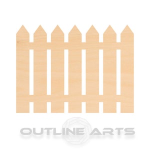 May include: A wooden picket fence cutout with pointed tops and vertical slats. The fence is made of light-colored wood and is set against a white background. The text "OUTLINE ARTS" is at the bottom.