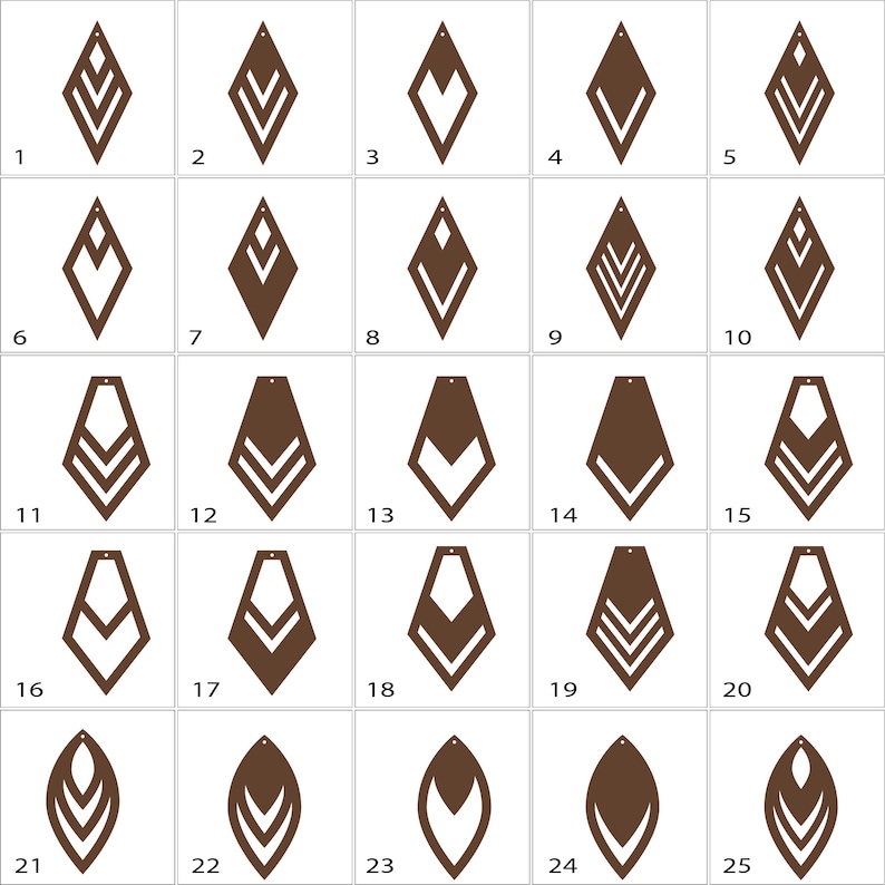 K&ouml;nnte beinhalten: F&uuml;nfundzwanzig verschiedene Designs f&uuml;r Ohrringe, alle in brauner Farbe. Die Ohrringe haben die Form eines Diamanten oder eines Blattes. Einige der Ohrringe haben ein mehrschichtiges Design.